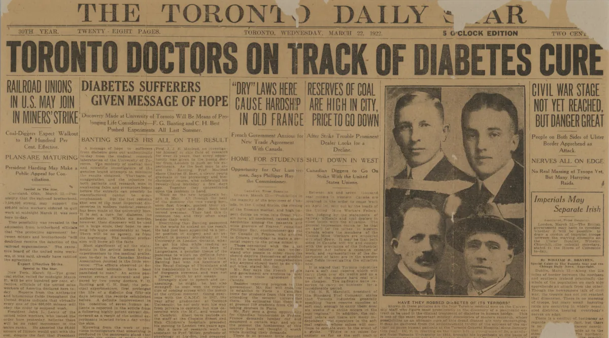 Portada del Toronto Daily Star de 1922 con el titular Toronto doctors on track of diabetes cure